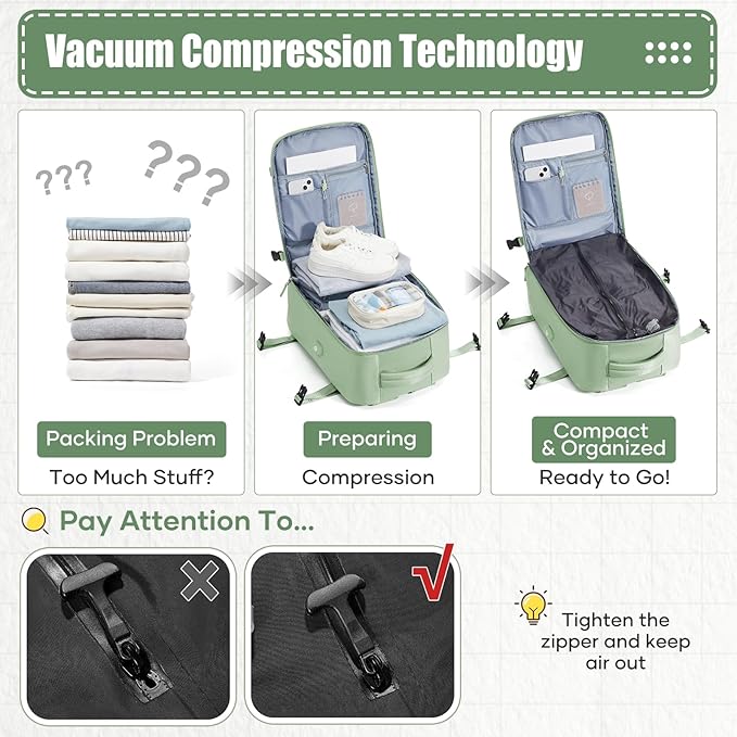 suwasp Vacuum Compression Travel Backpack with Electric Vacpack Pump, Vacuum Backpack Carry on Flight Approved, Personal Item Travel Storage Space Saver Bags for Women Men, Light Green