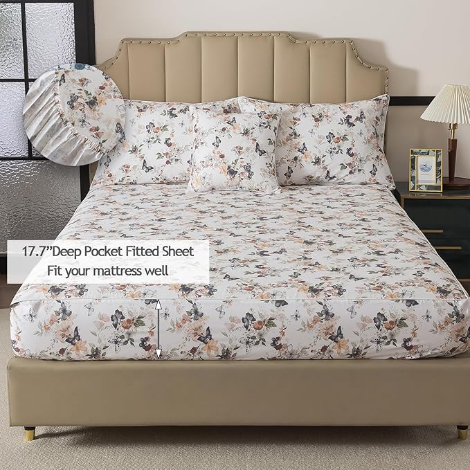 FADFAY Butterfly Sheets Set Full Watercolor Floral Bed Sheets Set Vintage Botanical Bedding Shabby Rustic Leaves Bedding Collections 100% Percale Cotton Breathable Soft Deep Pocket 4Pcs, Full Size