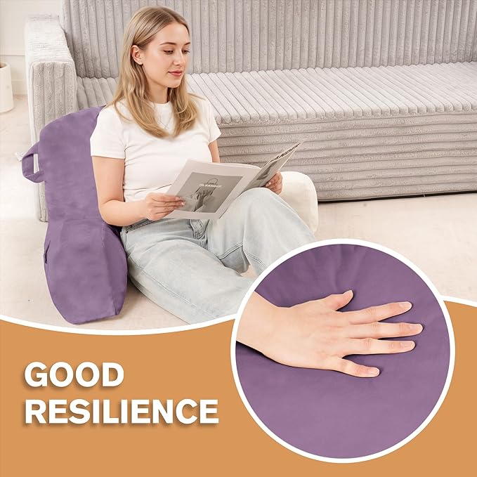 Portable Comfy Reading Pillows for Bed Sitting Up(Lavender Purple Oeko-Tex), Velvet Back Pillow with Arms & Pockets for Adults, Support Memory Foam Bed Pillow for Dorm/Reading/Watching/Gaming
