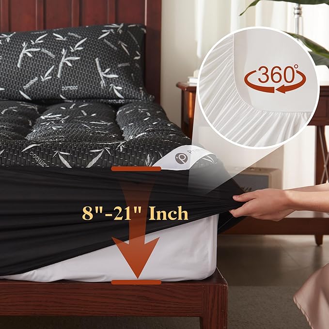 100% Waterproof Twin XL Size Mattress Topper, Thick Pillow Top Mattress Pad，Up to 22 Inch Deep Pocket, Soft Breathable Mattress Pad for Back Pain，Protector Cover (Black)