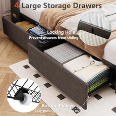 Full Bed Frame with 4 Drawers and Storage Headboard, Upholstered Platform Bed Frame Full Size with Led Lights and Handy Charging Station, No Box Spring Needed, Easy Assembly, Noise Free, Gray