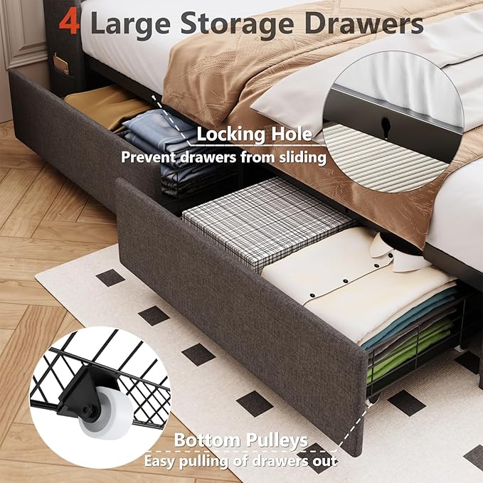 Full Bed Frame with 4 Drawers and Storage Headboard, Upholstered Platform Bed Frame Full Size with Led Lights and Handy Charging Station, No Box Spring Needed, Easy Assembly, Noise Free, Gray