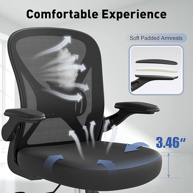 ZZH Mesh Office Chair with Adjustable Lumbar Support and Flip-up Arms, Ergonomic Home Office Desk Chair with Wheels, Black