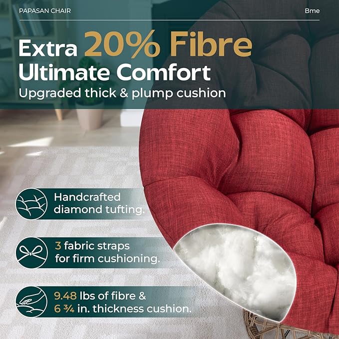 Bme 40" Ergonomic Wicker Papasan Chair with Soft Thick Density Fabric Cushion, High Capacity Steel Frame, 360 Degree Swivel for Living, Bedroom, Reading Room, Lounge, Cherry Sangria-Brown Base