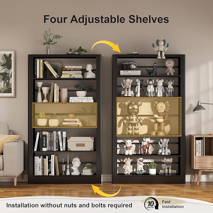 Metal Bookshelf,69" Tall Wide Industrial Bookshelf,5-Tier Sturdy Bookcase with Adjustable Shelves,Heavy Duty Strong open bookshelf,Black Bookcase with 6 Shelves for Office, Living Room, Library