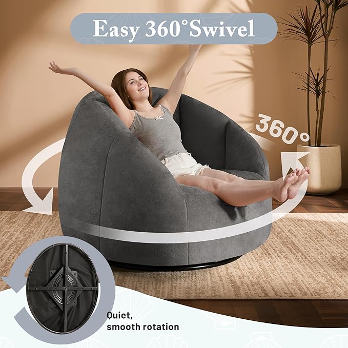 Swivel Giant Bean Bag Chair for Adults with Ottoman - Comfy Plush Round Shell Soft Accent Chaise Lounge Indoor Reading Chair, Oversized Cozy Floor Sofa for Living Room, Bedroom Dorm, Gray