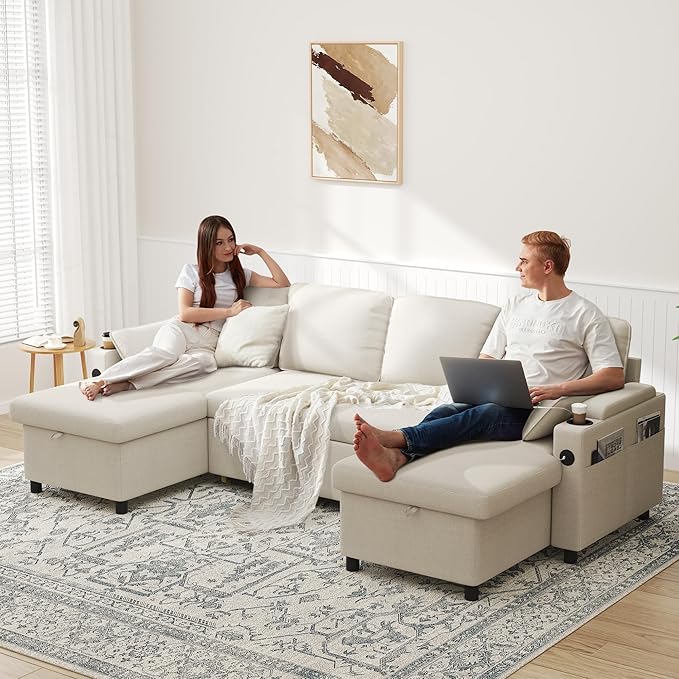 DURASPACE Sofa Bed Pull Out Couch Sleeper with Double Storage Chaise, U Shaped Convertible Sectional Sleeper Sofa for Living Room with USB Charging Ports, Cup Holder (Beige)