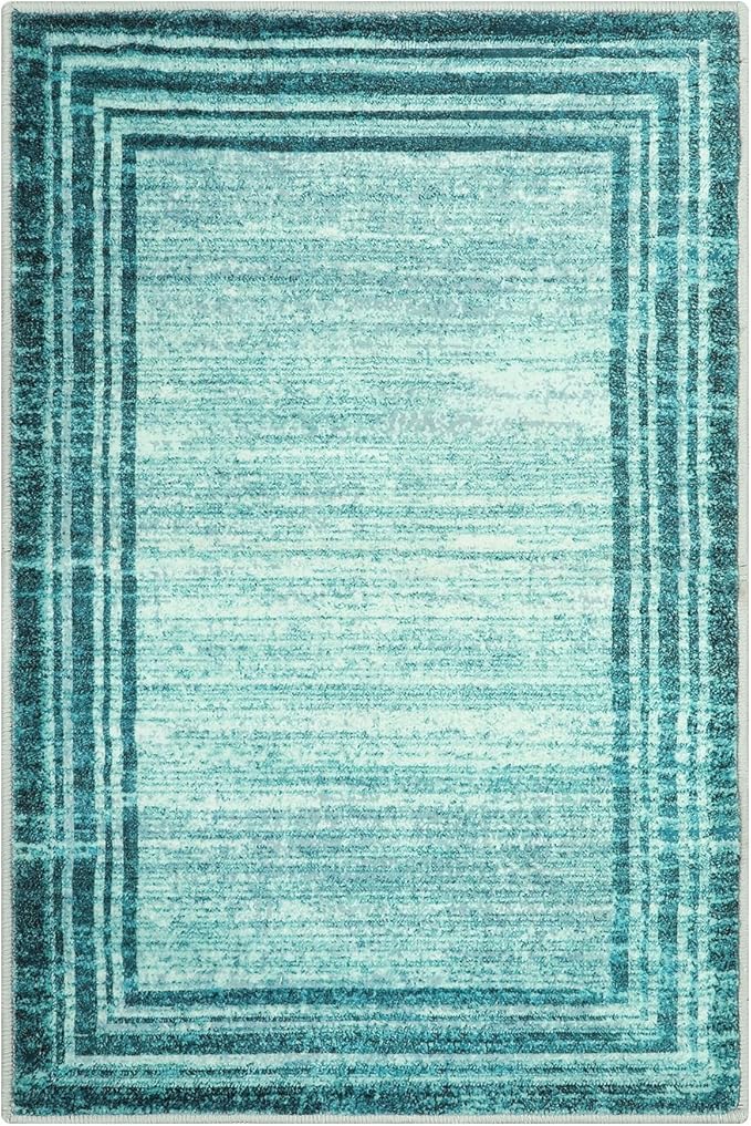 Lahome Modern Abstract Area Rug, Washable Teal 2x3 Entryway Rugs Non Slip Kitchen Carpet Indoor Front Door Throw Rugs, Minimalist Bordered Bathroom Rug Low-Pile Entry Mats for Bedroom