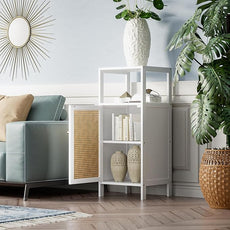 Bamboo Floor Rattan Cabinet, Narrow Bathroom Storage Organizer Rack, Space Saving Wood Kitchen Cupboard, Hallway Side Table, Living Room Stand with Single Door and 1 Shelf (White)
