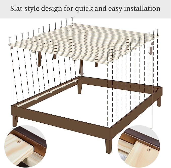 Yaheetech King Bed Frame Natural Solid Wood Platform Bed with Wooden Slats Support, 12-inch Underbed Space for Storage, Noise-Free Design, Easy Assembly, Dark Walnut Finish