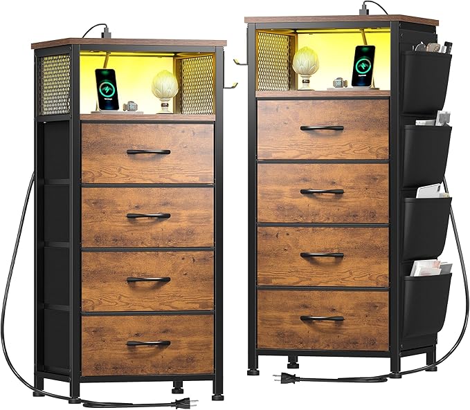 EnHomee Nightstand Set of 2, Night Stand with Charging Station & LED, Bedside Table with Fabric Drawers and Storage Shelf, Sturdy Steel Frame, Wood Top, Cloth Bags, Hooks, Brown