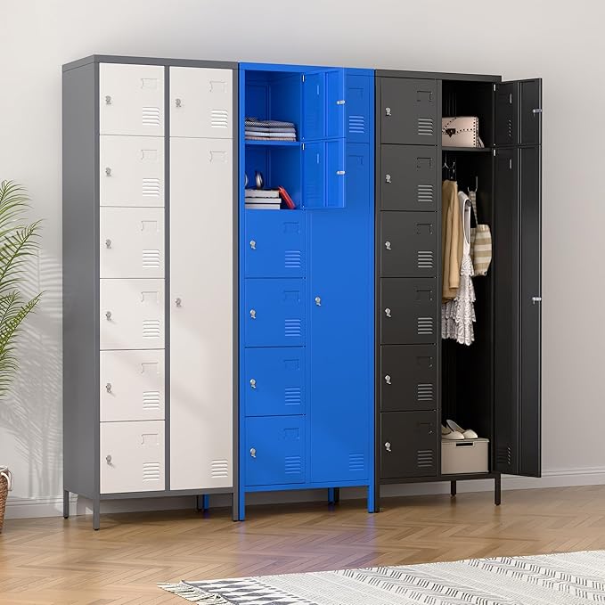 Aobabo 72" H Metal Lockable Storage Locker 7 Small Doors and 1 Big Door, Metal Lockers for empolyees with Hooks, for School Home Office Assembly Required, 8 Doors, Grey White