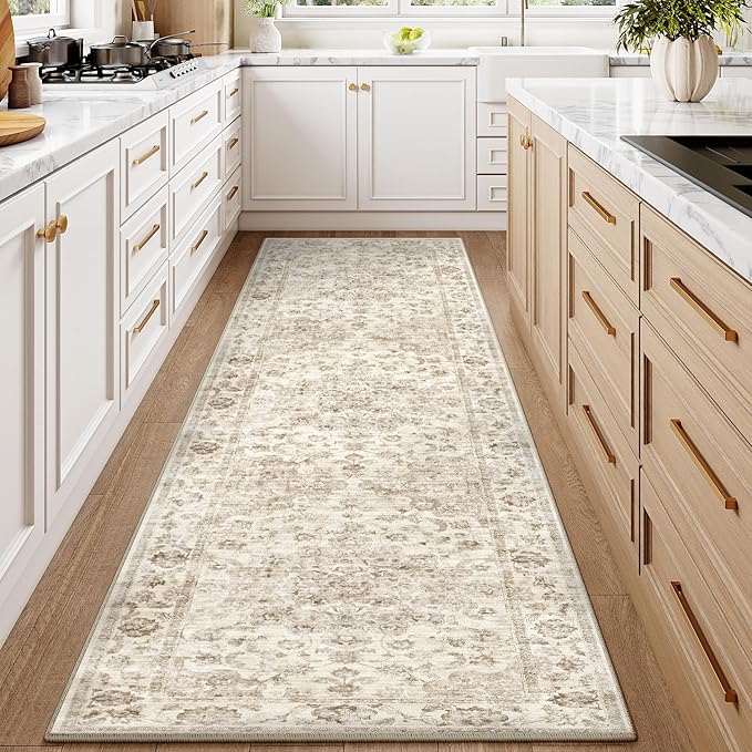 2x10 Washable Neutral Runner Rug Beige Vintage Hallway Kitchen Carpet Non-Slip Soft Low Pile Floral Throw Rug for Bedroom Bathroom Laundry Living Room