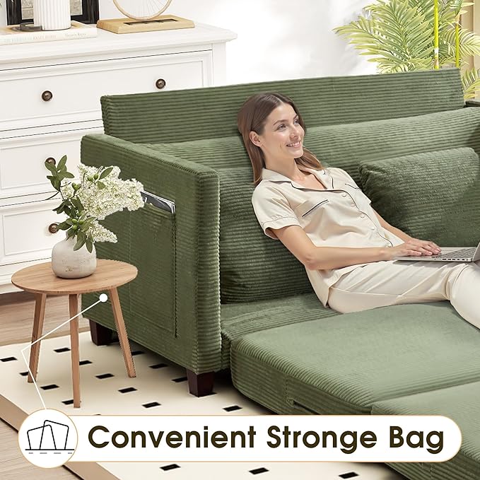 65" Convertible Loveseat Sofa Bed, 2-in-1 Folding Sofa Bed with 2 Pillow for Small Spaces, Modern Loveseat Sleeper Couch for Apartment, Living Room & Guest Room (Green Corduroy, 65 inch)
