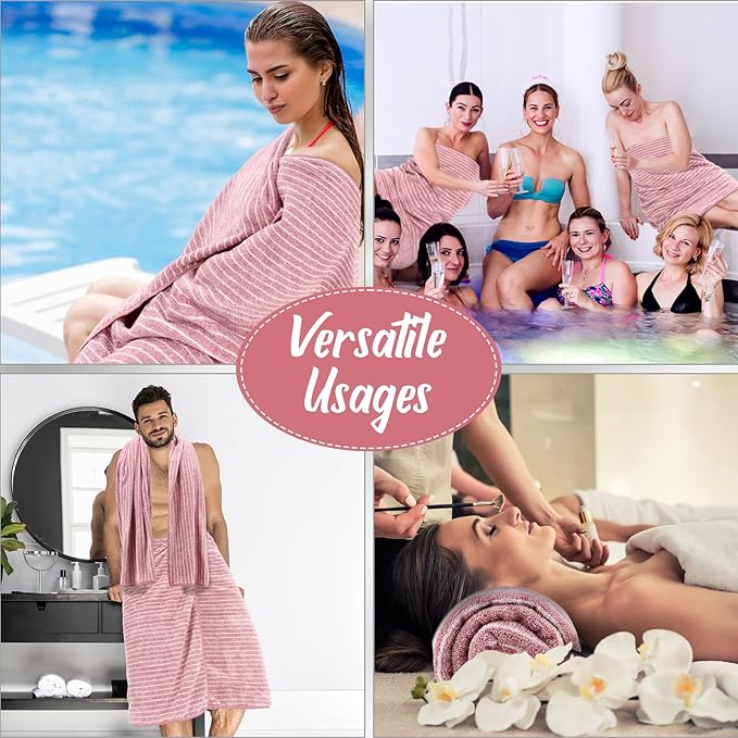 16 Pack Microfiber Bath Towels Bulk 27'' x 60'' Oversized Size Bath Towel Highly Absorbent Extra Large Soft Drying for Shower Beach Winter Salon Sport Gym Party (Pinstripe,Pink)