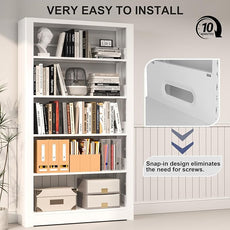 White Bookshelf, 5 Tier Tall Bookshelf, Metal Bookshelves and Bookcases with Adjustable Shelves, Large Bookshelf Open Display Shelves with for Study, Office, Corner (69