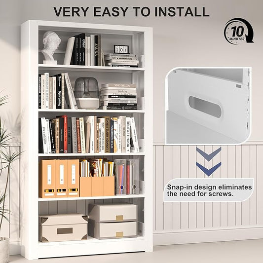 White Bookshelf, 5 Tier Tall Bookshelf, Metal Bookshelves and Bookcases with Adjustable Shelves, Large Bookshelf Open Display Shelves with for Study, Office, Corner (69" H)