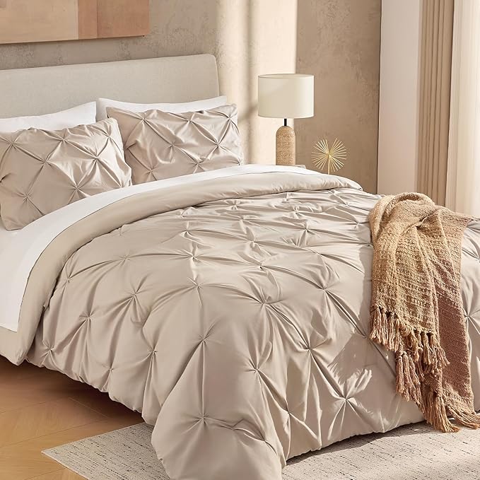 Andency Wheat Comforter Full Size, 3 Pieces Lightweight Pinch Pleat Comforter Sets for Full Bed, Soft Microfiber Bedding Comforter Set(1 Pintuck Comforter and 2 Pillowcases)