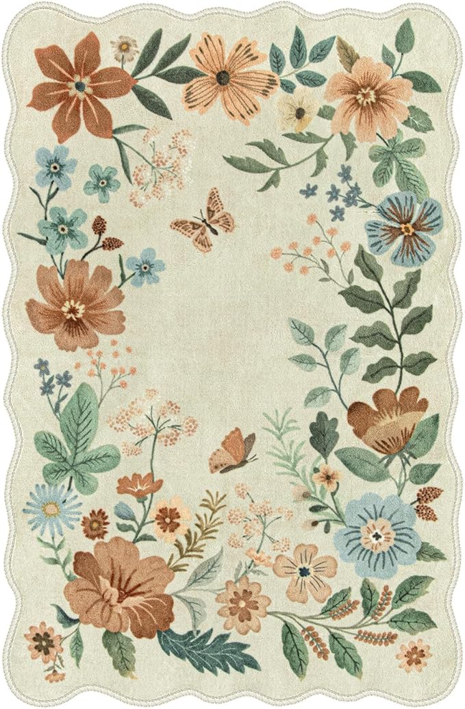 Lahome Floral Bedroom Rug,4x6 Washable Area Rugs for Living Room Dining Room, Non Slip Ultra-Thin Stain Resistant Boho Throw Carpet for ‎Office (4x6ft,Beige)