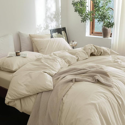 FOSSA Duvet Cover Set 100% Washed Cotton Linen Feel Super Soft Breathable Cozy 3 Pieces Bedding Sets Solid Almond Grey King