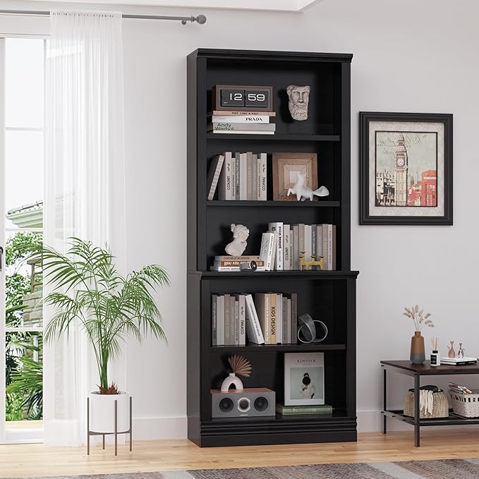 72 in Tall Bookcase, Black 31.3 in Wide Floor Standing Bookshelf, 5 Tier Large Floor Standing Display Storage Shelves with Adjustable Shelves for Living Room Hallway Home Office Bedroom