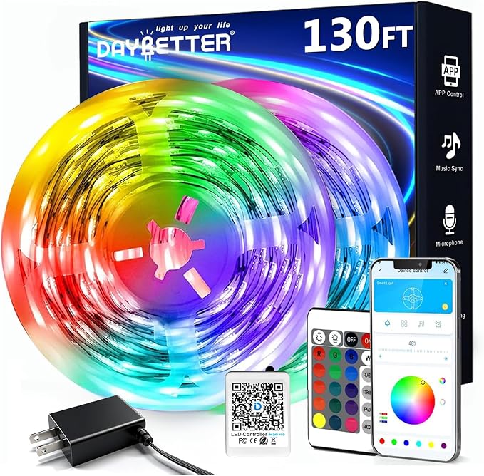 DAYBETTER LED Strip Lights 130 ft (2 Rolls of 65.6ft), LED Lights Smart App Control Lighting Bedroom Rome Decor with Remote, RGB Music Sync Color Changing LED Lights for Bedroom Party