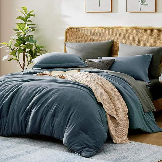 WRENSONGE Full Size Comforter Set- 7 Pieces Blue Grey Bed in a Bag Full Size Comforter with Fitted Sheet, Flat Sheet, 2 Pillow Shams, 2 Pillowcases, Warm Bedding Sets for All Season