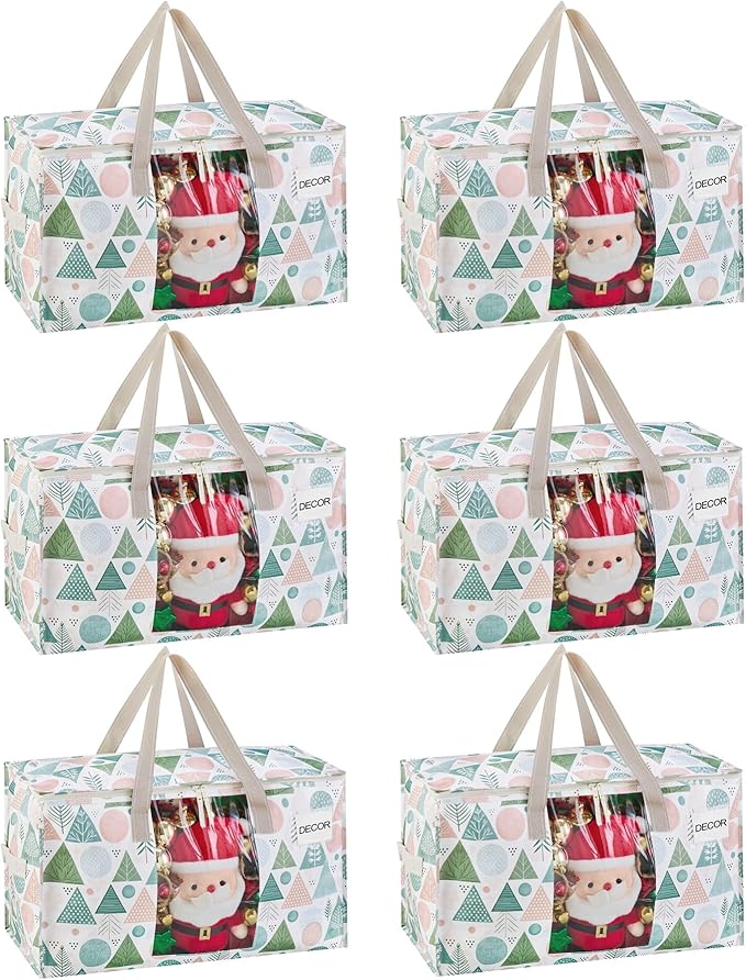 VENO 6 Pack Moving Bags, Large Christmas Storage Bins with lids, Packing Supplies for College, Alternative to Moving Boxes, Foldable, Heavy-Duty Tote, Christmas Pattern (Pastel Forest, 6 Pack)