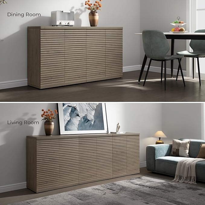 SICOTAS Buffet Cabinet with Storage Accent Sideboard Modern Credenza with Doors & Shelves Fluted Media Console Mid Century Coffee Bar Table for Living Room Kitchen Dining Room Hallway (1PCS)