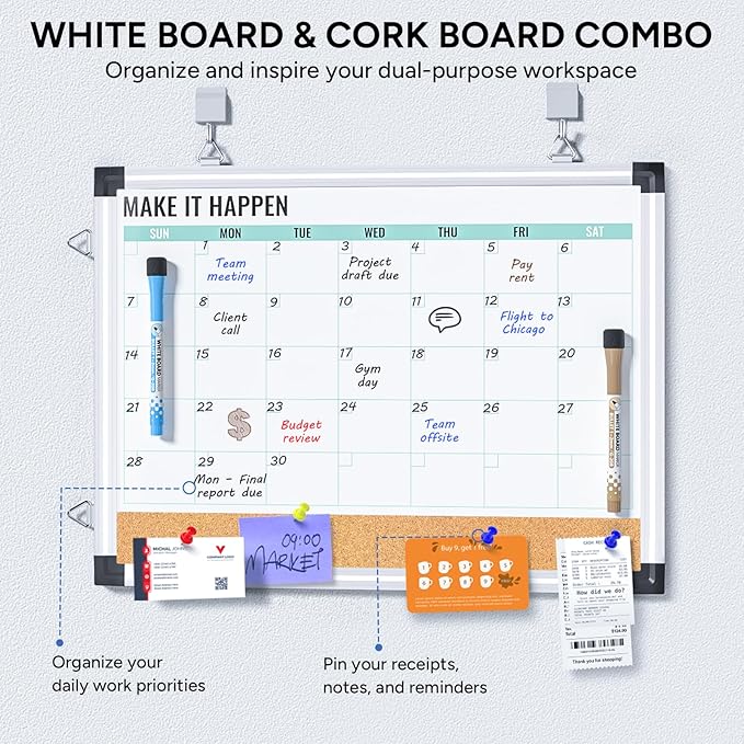 Monthly Calendar Whiteboard and Cork Board Combo for Wall, 17"x13" Reversible Hanging Dry Erase Board, Double Sided White Board with Aluminum Frame for Planning, Office, Kitchen, School, Home