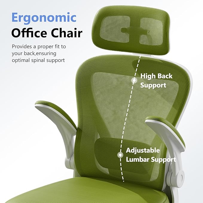 Ergonomic Office Chair M903, Computer Desk Chair with Wheels, High Back Mesh Office Chair with Adjustable Lumbar Support, Headrest, Flip-Up Armrests, Green