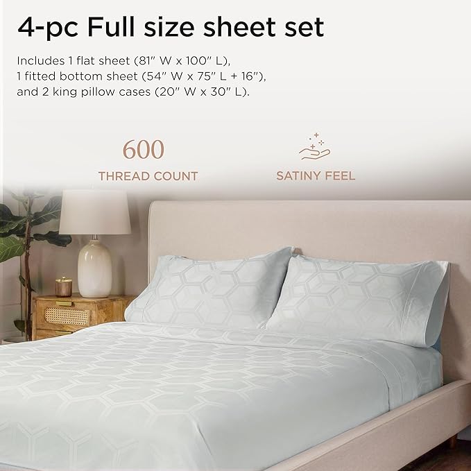 Threadmill 100% Cotton Sheets for Full Size Bed - 600 Thread Count Full Bed Sheets Set with 16” Deep Pocket - Jacquard Sateen Weave 4-Piece Bedding Set with Cooling Effect, Light Grey