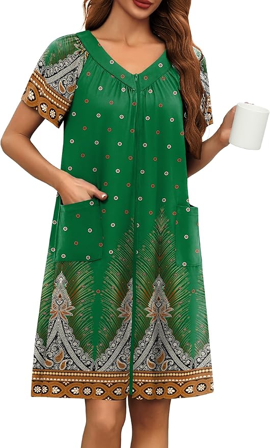 Ekouaer Women Robe Zipper Front Mumu Duster Robes Zip Up Housecoat Soft Sleepwear with Pockets