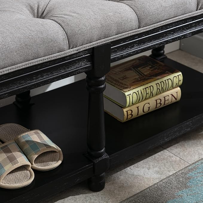 chairus Storage Bench 45.5 "W Extra-Long Button Tufted Entryway Bench with Wood Shoes Rack End of Bed Bench with Fabric Linen Upholstered Rectangular Seat for Bedroom Hallway Living Room Window, Grey