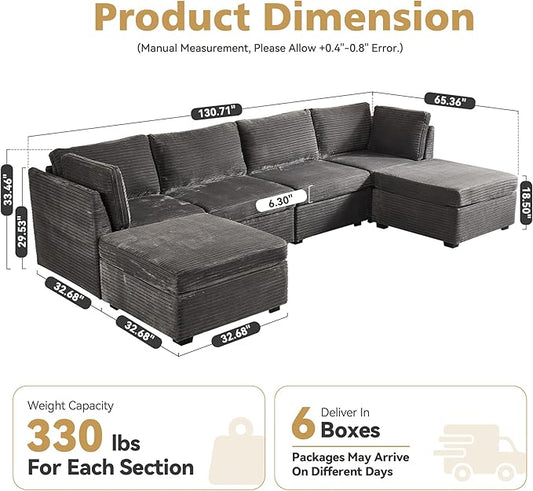 Large 6 Seat Modular Sectional Sofa with Ottoman Seat Corduroy Sleeper Sectional Sofa Bed Oversized Convertible Modular Couch for Living Room