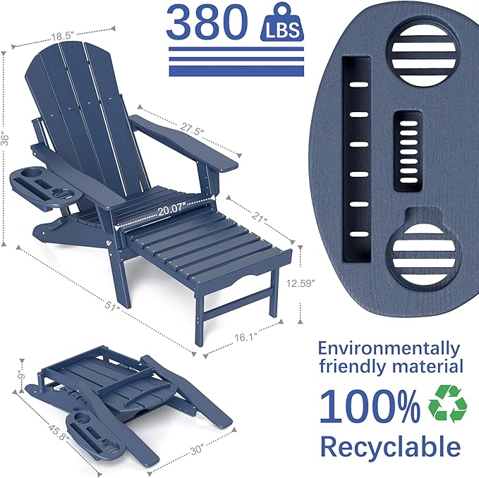 FOOWIN Adirondack Chair with Retractable Ottoman,HDPE Folding Adjustable Adirondack Chair w/4 in 1 Cup Holder Trays,All-Weather Resistant Fire Pit Chair for Outdoor Patio Lawn Set of 4