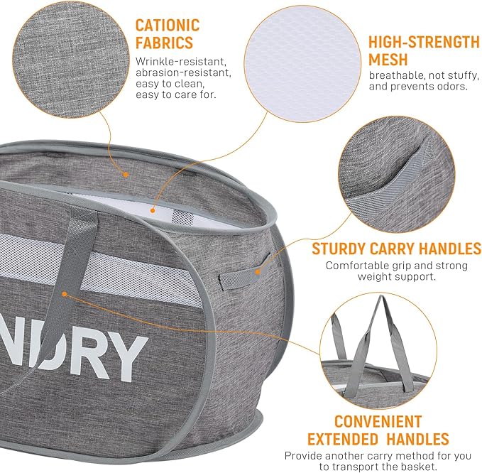 Collapsible Laundry Baskets, Foldable Clothes Hamper with Reinforced Handles, Sturdy Pop Up Hampers for Laundry, Tear Proof & Easy to Carry Laundry Hamper for Home, Apartment, Dorm, Travel Grey