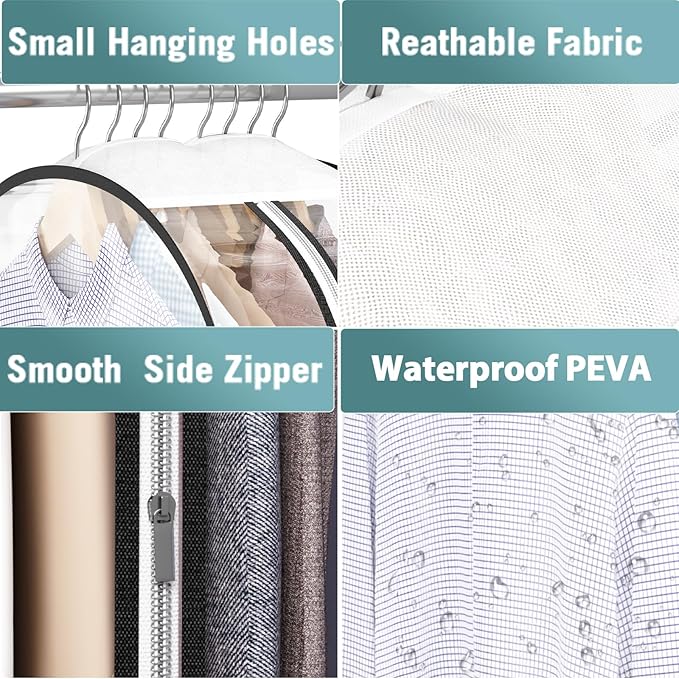 Clear Garment Bags for Hanging Clothes 10” Gusseted, Suit Bags for Closet Storage, Hanging Plastic Clothes Cover for Coat, Dress, Fur, Shirt, 4 Pack, 40” Long