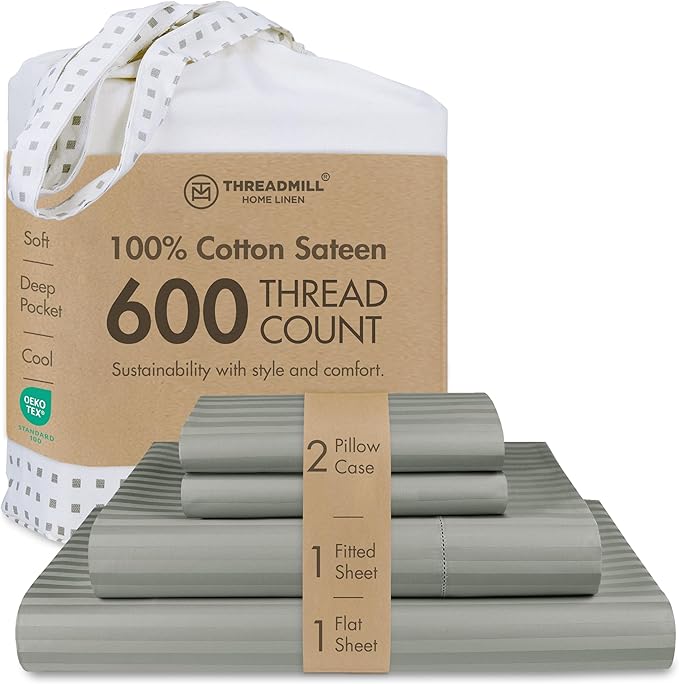 Threadmill 100% Cotton Sheets for Cal King Size Bed - 600 Thread Count Cal King Bed Sheets Set with 16” Deep Pocket - Damask Stripe Sateen Weave 4-Piece Bedding Set with Cooling Effect, Moonrock Grey