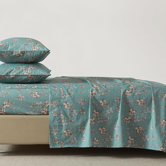 FADFAY 100% Percale Cotton Sheets Set - Vintage Floral & Butterfly Print Bedding - Crisp, Breathable Teal Aqua 4 Piece Sheet Set with Deep Pocket, California King Size