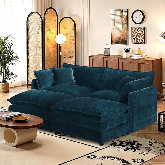 SoarFlash Chenille Sectional Sofa, Comfy Modular Coush Sofa with Ottoman, Modern 2 Seat Recliner Deep Seat Sofa Set for Living Room,Deep Blue