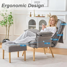 Modern Adjustable Accent Chair with Ottoman, Soft Fabric Reading Chair with Adjustable Backrest and Pillow, Comfy Lounge Chair with Armrests for Living Room, Bedroom, Apartment, Office, Dorm,Grey