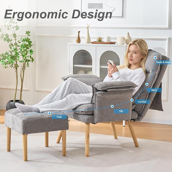 Modern Adjustable Accent Chair with Ottoman, Soft Fabric Reading Chair with Adjustable Backrest and Pillow, Comfy Lounge Chair with Armrests for Living Room, Bedroom, Apartment, Office, Dorm,Grey