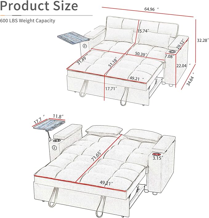 65" Cloud Couch Sleeper Sofa Bed with USB Charging Port & Side Pocket, Chenille Fabric Pull-Out Sofa with Thick Cushions, High Resilience Foam & Pillows for Living Room, Apartment, Small Spaces