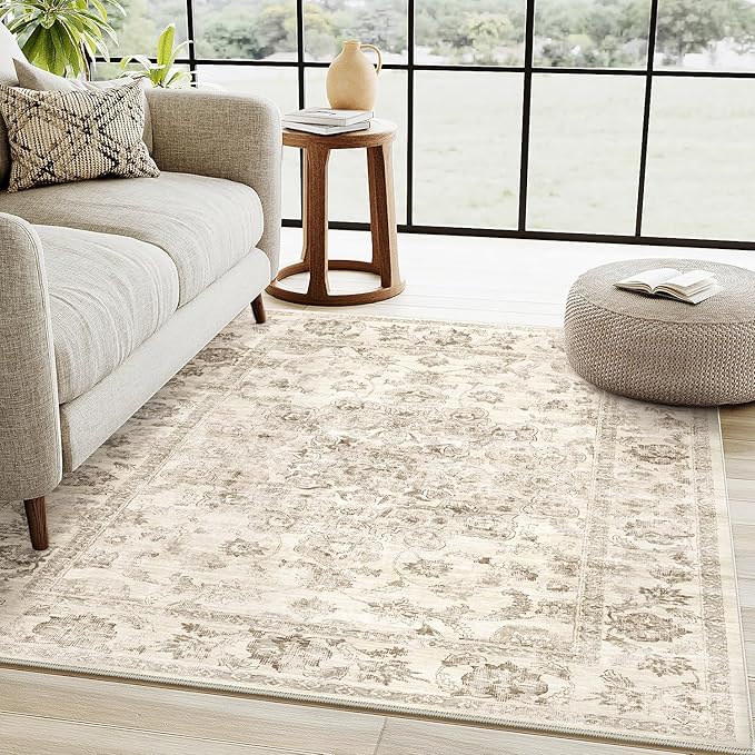 3x5 Washable Neutral Area Rug Beige Vintage Entryway Office Carpet Non-Slip Soft Low Pile Floral Throw Rug for Entrance Living Room Bathroom Dining Room