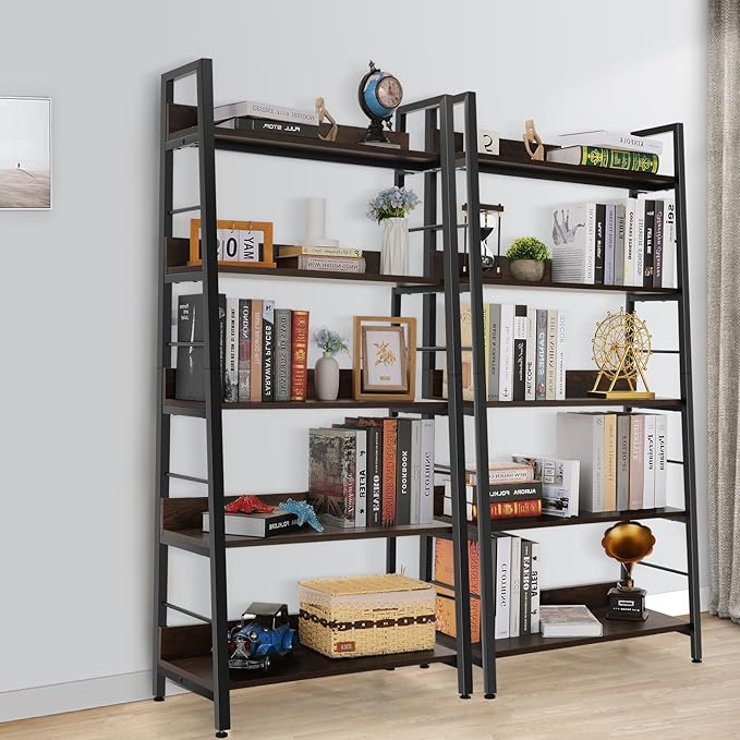Himimi Ladder Bookshelf, 5 Shelf Bookcase Industrial Bookshelf Wood and Metal Bookshelves, Plant Flower Stand Rack Book Storage Shelves for Living Room, Bedroom, Home Office (2 PCS)