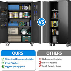 2025 Upgraded Wide & Deep Garage Storage Cabinet with Wheels, Lockable Metal Storage Cabinet with Pegboards and 9 Hooks, 2 Tool Pouches for Garage,4 Adjustable Shelves (Black,43''W x 22''D x 72''H)