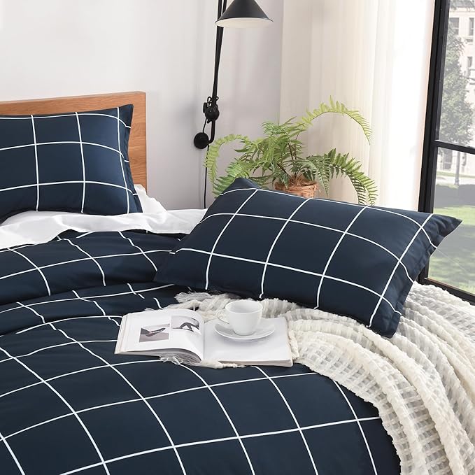 Andency Navy Plaid Comforter Twin(66x90Inch), Dark Blue Grid Gingham Buffalo Plaid Bed Set for Boys Kids Teens, 2 Pieces Lightweight Microfiber Geometric Preppy Bedding