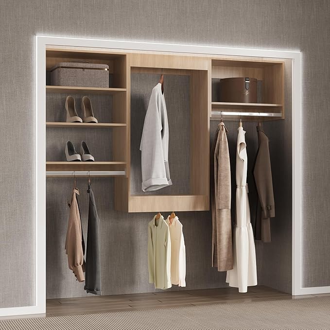 Modular Closet Organizer - 84" Wide with Wood Hanging Shelves, Wall Mounted, Bedroom Closet Storage