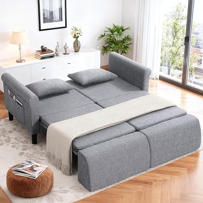 SEJOV 74" Convertible Sofa Bed, 5-in-1 Loveseat Sleeper Sofas with Pull Out Couch Bed, Storage Pockets & 2 Pillows, Modern Folding Linen Futon Couch for Living Room, Bedroom, Small Space, Gray